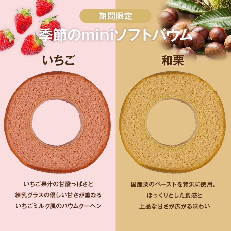 季節のminiソフトバウム／バウムクーヘン ギフトセットC（miniソフトバウムプレーン×4＋miniソフトバウムいちご×3＋miniソフトバウムメープル×3）
